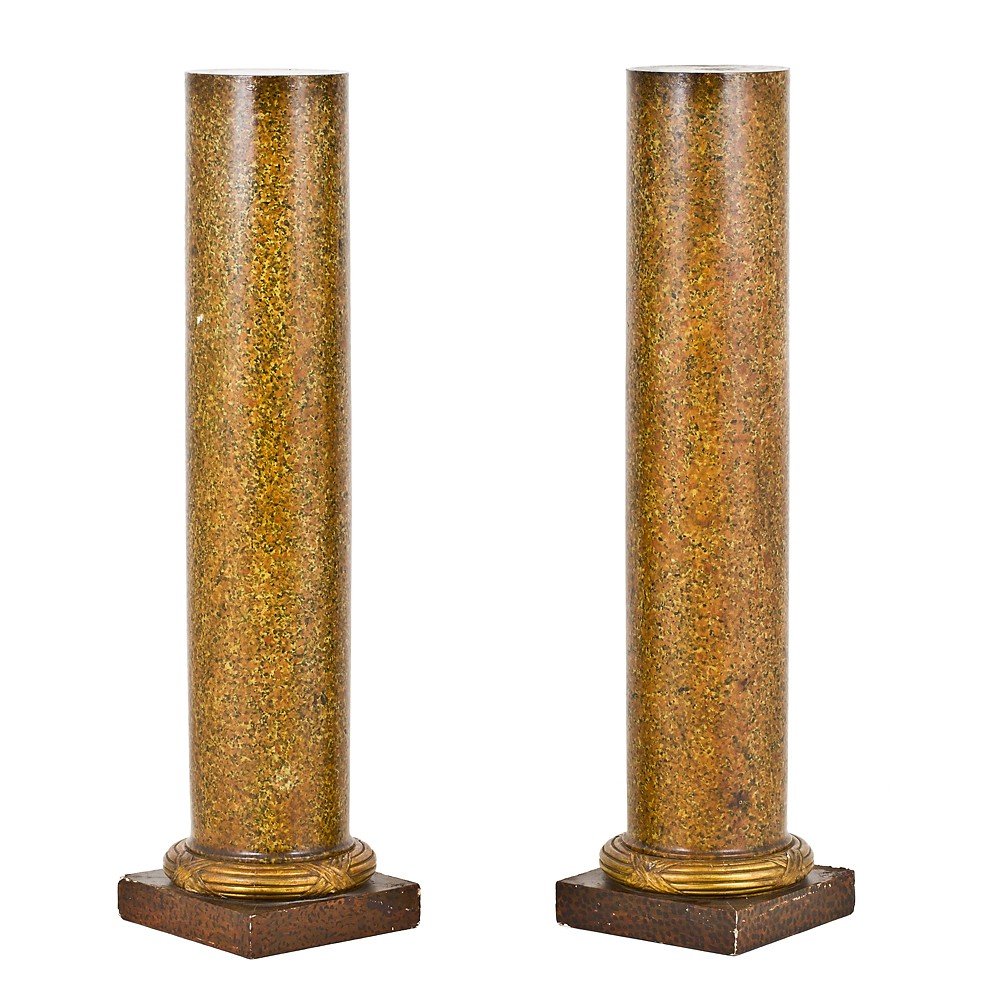 Pair Of Lacquered And Gilded Columns In Faux Porphyry.