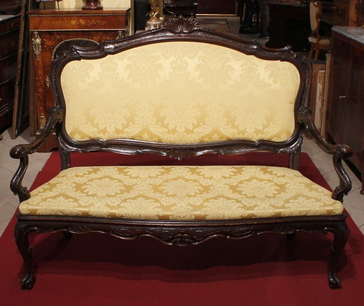 Rare Fully Carved And Carved Walnut Sofa With Fabric Upholstery-photo-2