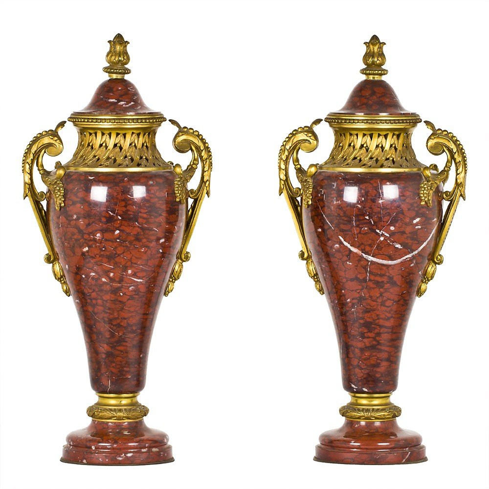 Coppia Di Vasi In Red Griotte Marble And Golden Bronze With Mercury-photo-2