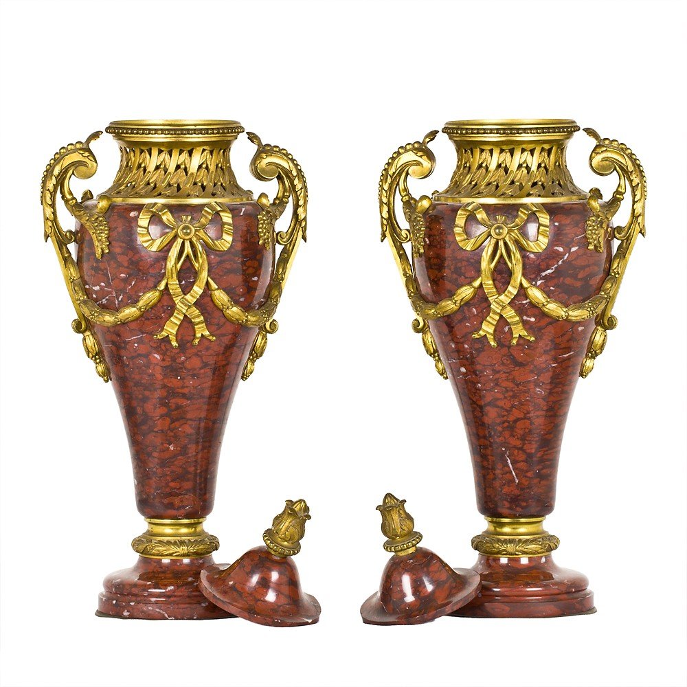 Coppia Di Vasi In Red Griotte Marble And Golden Bronze With Mercury-photo-3