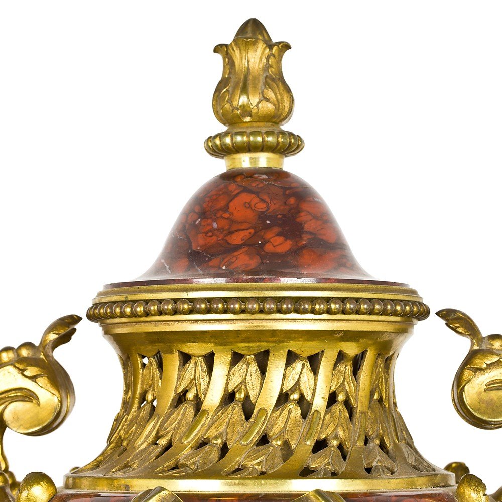 Coppia Di Vasi In Red Griotte Marble And Golden Bronze With Mercury-photo-1