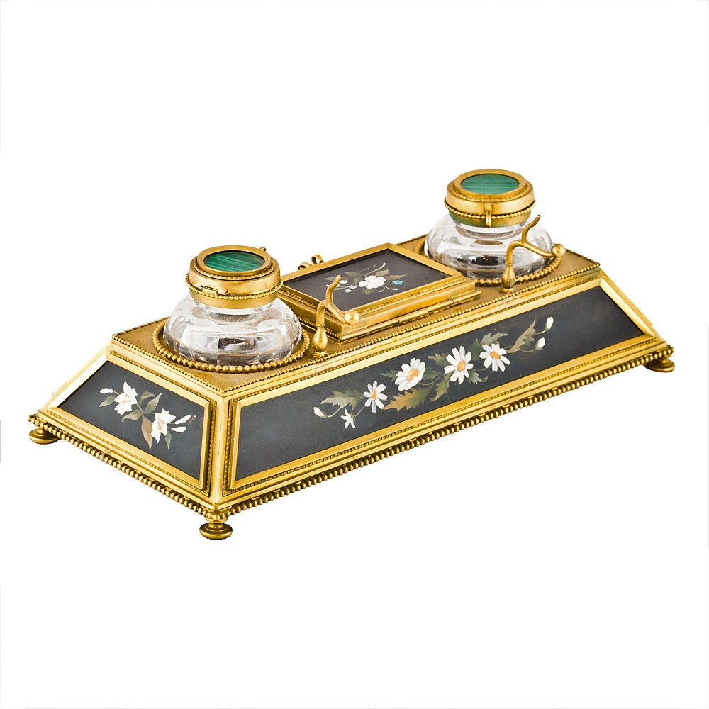 Inkwell Set In Gilded Bronze And Hard Stones