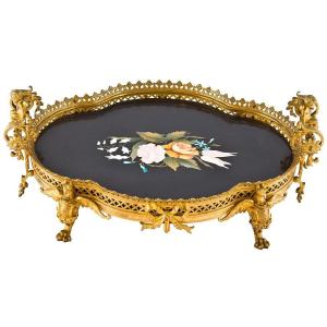 Tray In Gilded Bronze And Semi-precious Stones