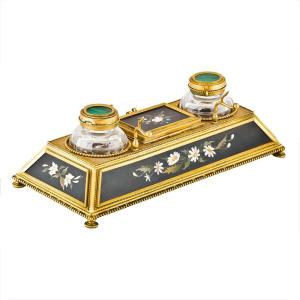 Inkwell Set In Gilded Bronze And Semi-precious Stones