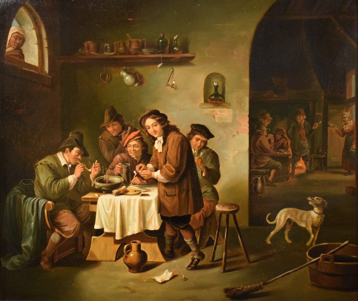 "smokers In The Tavern" Oil On Copper Flemish School 19th Century-photo-2