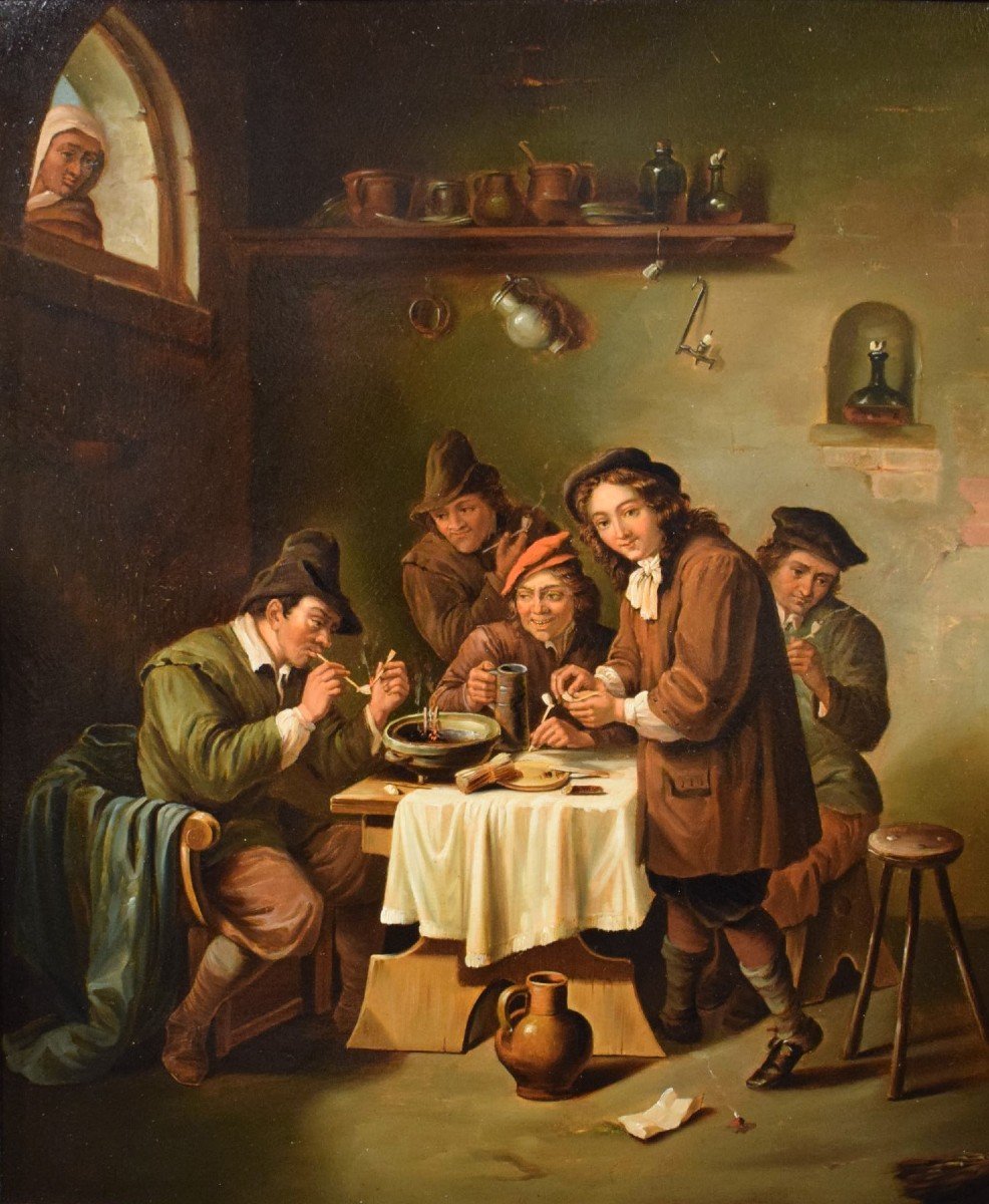 "smokers In The Tavern" Oil On Copper Flemish School 19th Century-photo-3