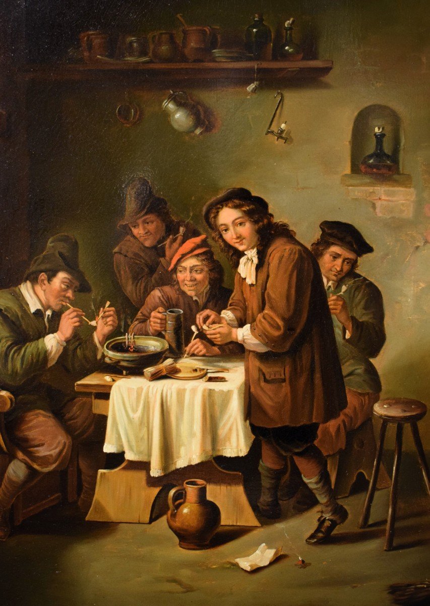 "smokers In The Tavern" Oil On Copper Flemish School 19th Century-photo-4