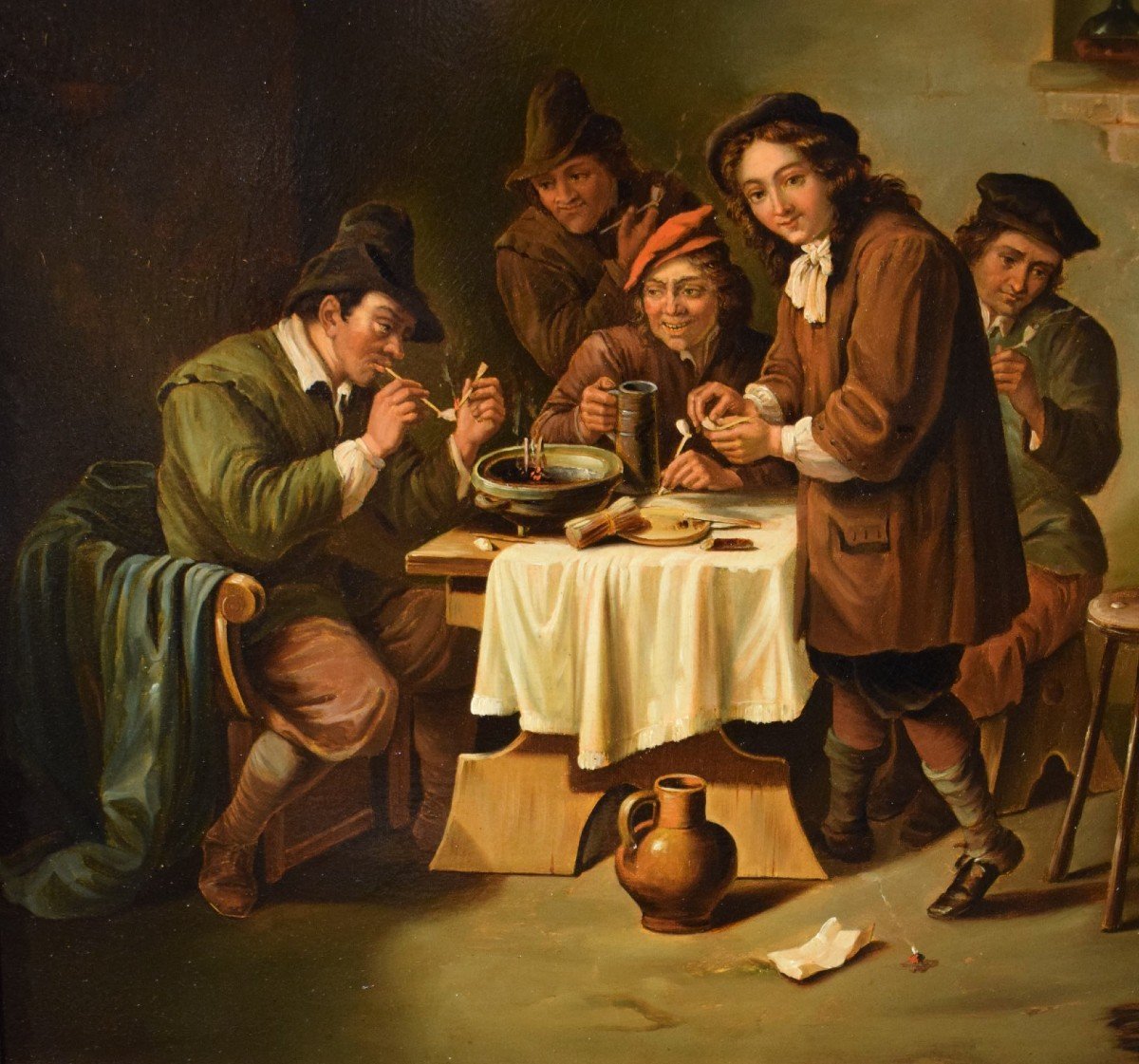 "smokers In The Tavern" Oil On Copper Flemish School 19th Century-photo-1