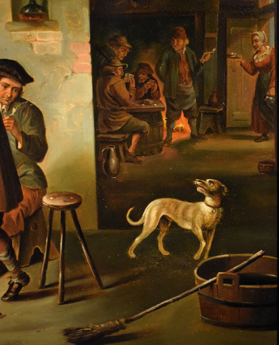 "smokers In The Tavern" Oil On Copper Flemish School 19th Century-photo-2