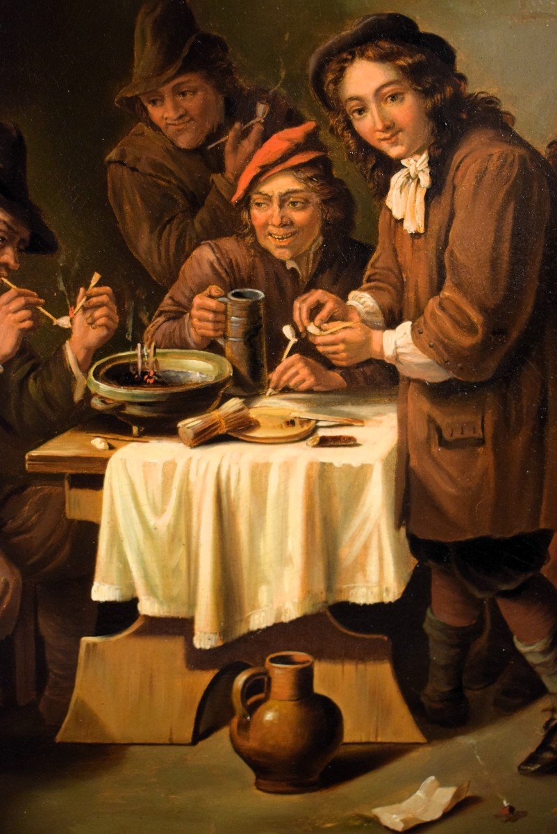 "smokers In The Tavern" Oil On Copper Flemish School 19th Century-photo-3