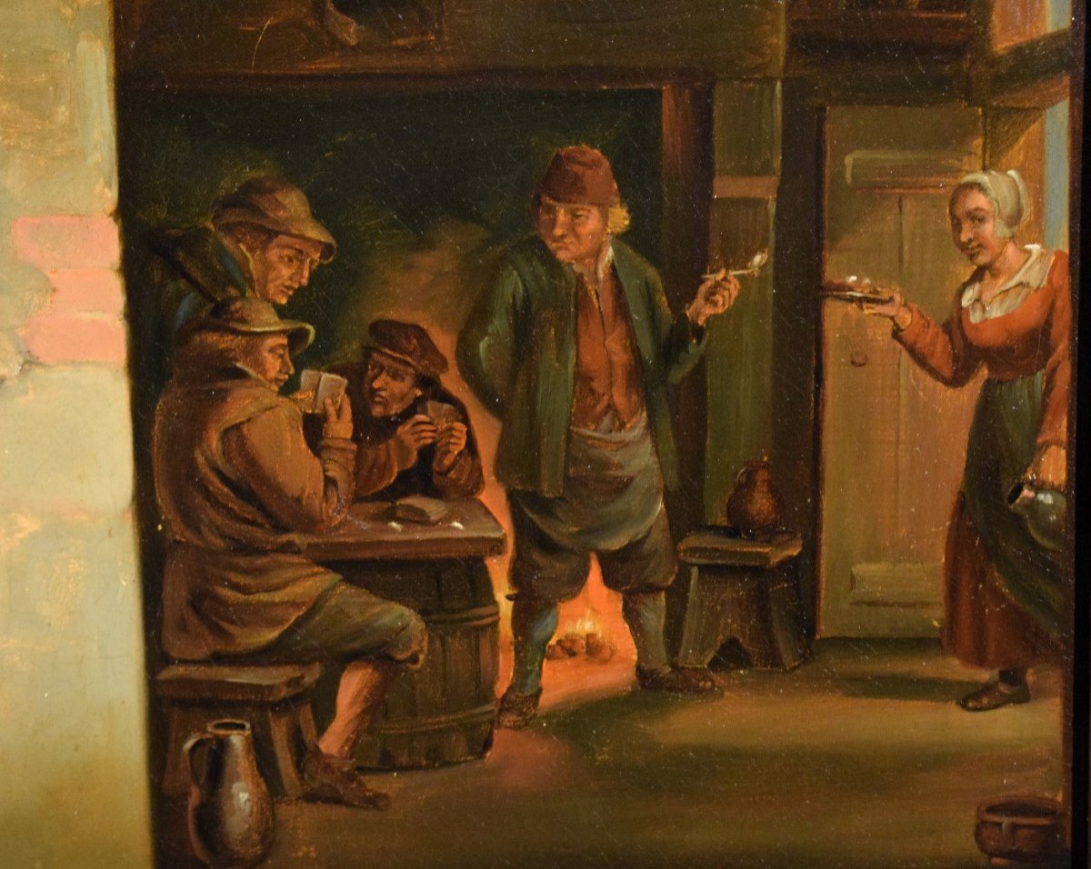 "smokers In The Tavern" Oil On Copper Flemish School 19th Century-photo-4