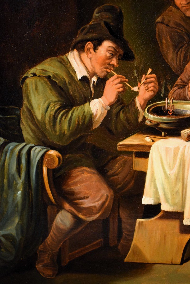 "smokers In The Tavern" Oil On Copper Flemish School 19th Century-photo-5