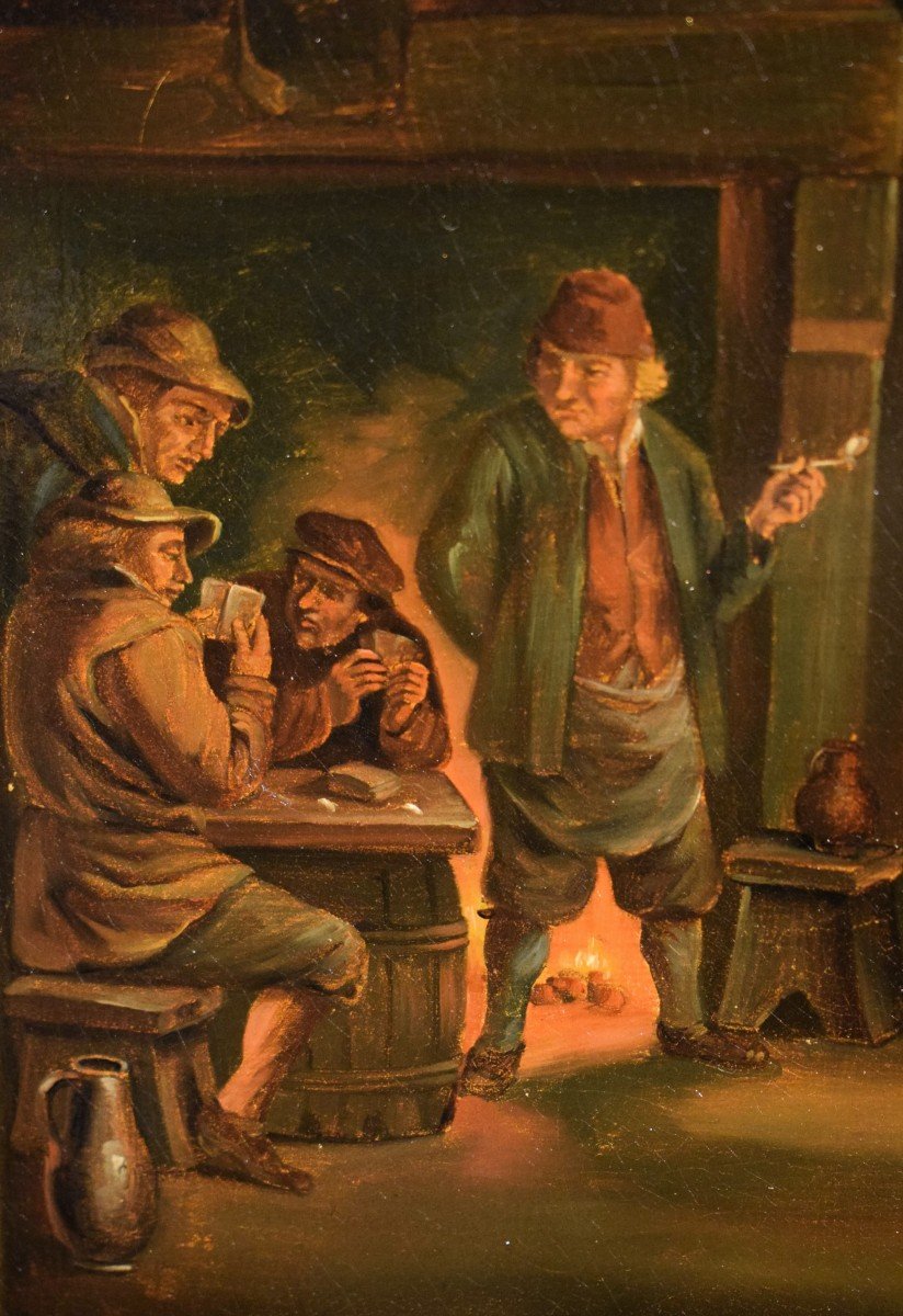 "smokers In The Tavern" Oil On Copper Flemish School 19th Century-photo-7