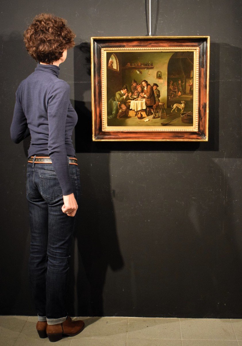 "smokers In The Tavern" Oil On Copper Flemish School 19th Century-photo-8