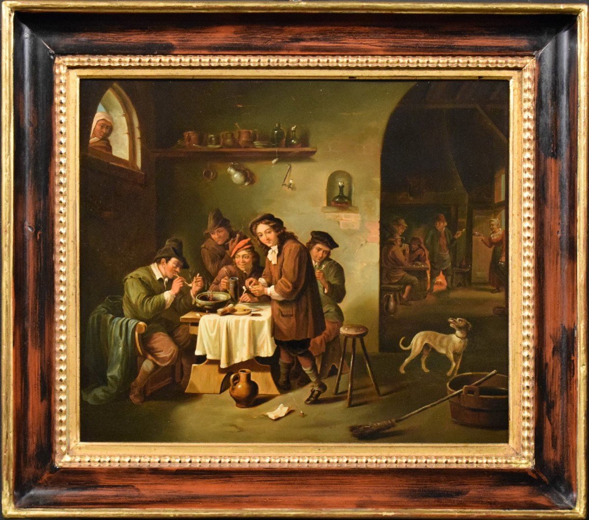 "smokers In The Tavern" Oil On Copper Flemish School 19th Century