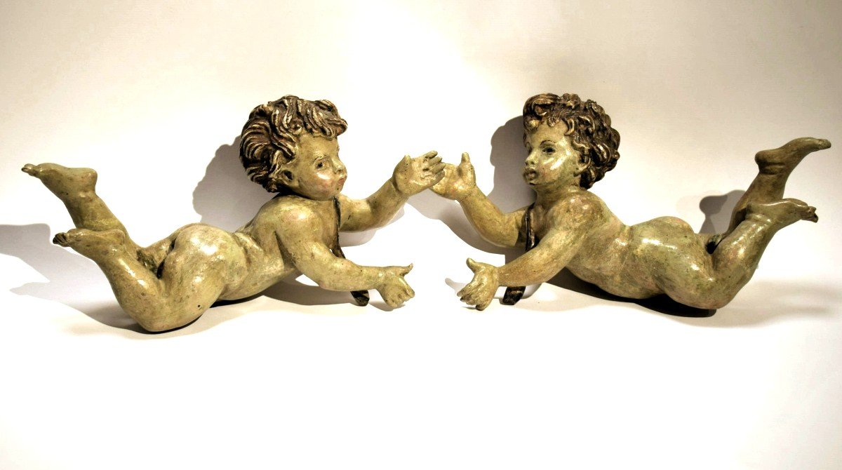 "pair Of Putti In Wood Polychrome"-photo-2