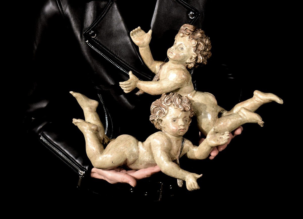 "pair Of Putti In Wood Polychrome"-photo-8