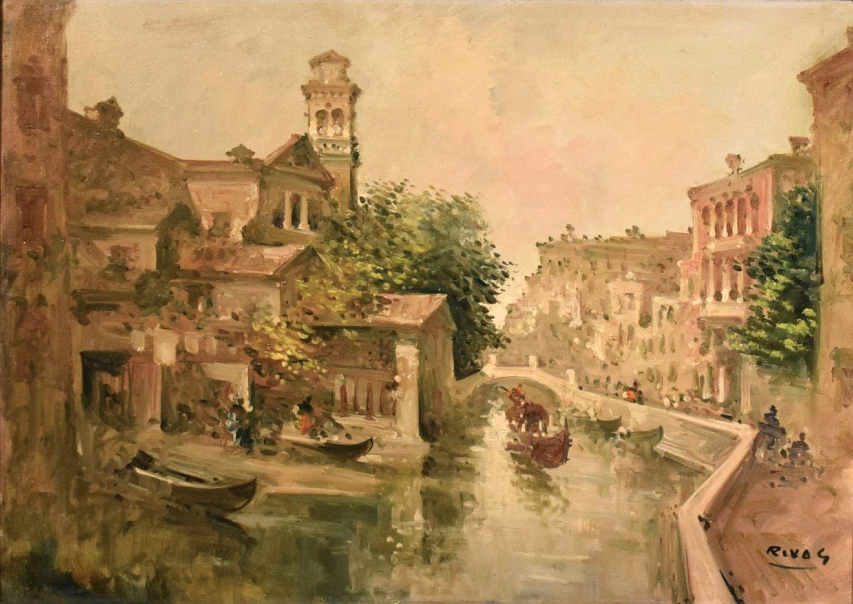 Venice, The "rio Di San Trovaso" Giuseppe Riva (ivrea 1834 -1916)-photo-2