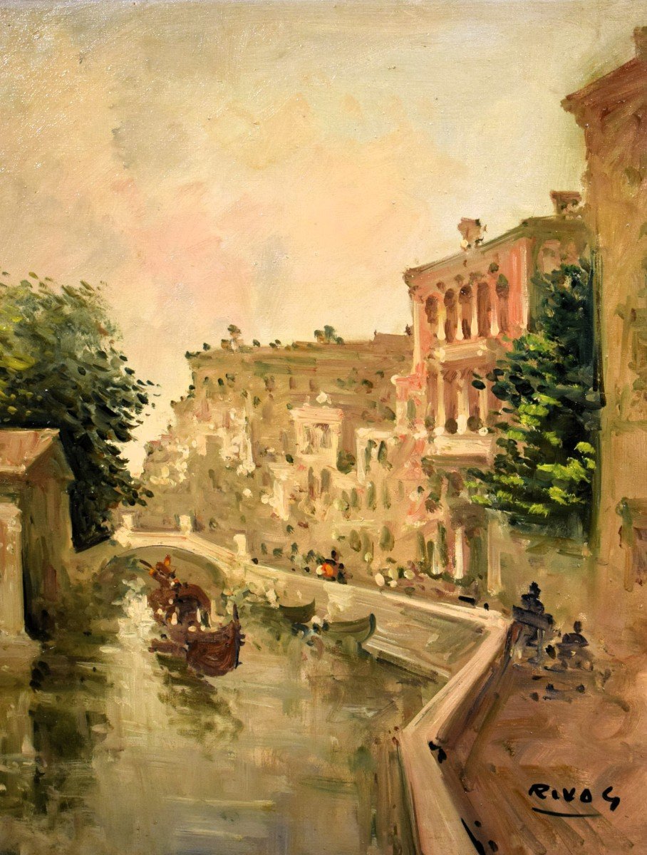 Venice, The "rio Di San Trovaso" Giuseppe Riva (ivrea 1834 -1916)-photo-1