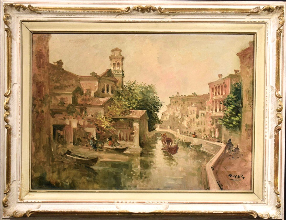 Venice, The "rio Di San Trovaso" Giuseppe Riva (ivrea 1834 -1916)