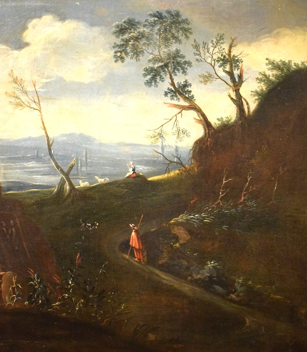 Antonio Diziani (Venise 1737-1797) atelier - Paysage de lac avec ruines et personnages-photo-4