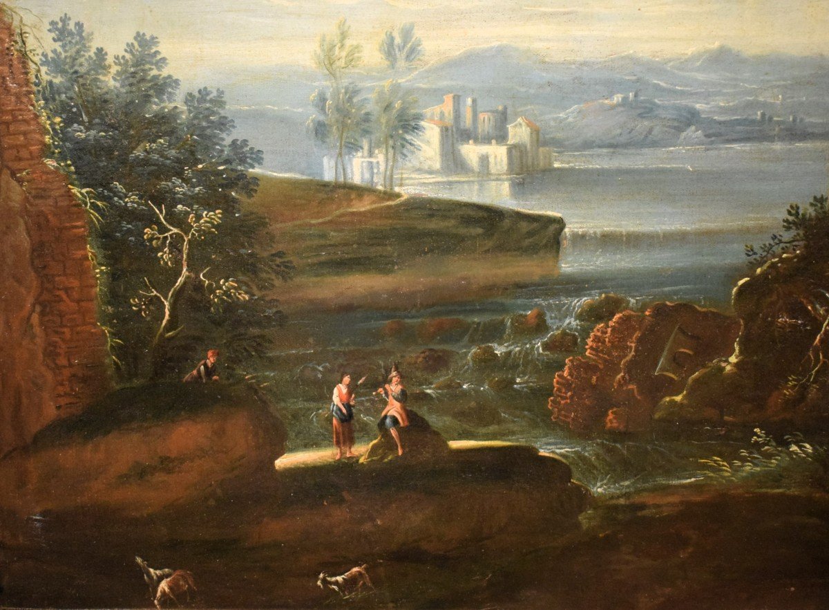 Antonio Diziani (Venise 1737-1797) atelier - Paysage de lac avec ruines et personnages-photo-1