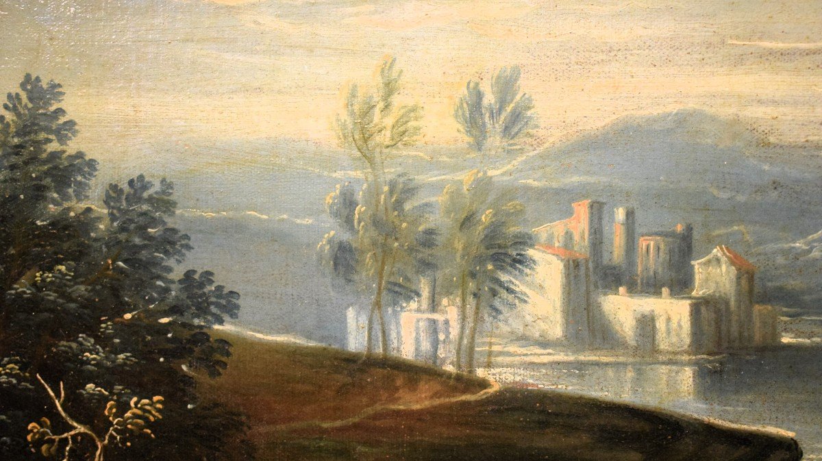 Antonio Diziani (Venise 1737-1797) atelier - Paysage de lac avec ruines et personnages-photo-3