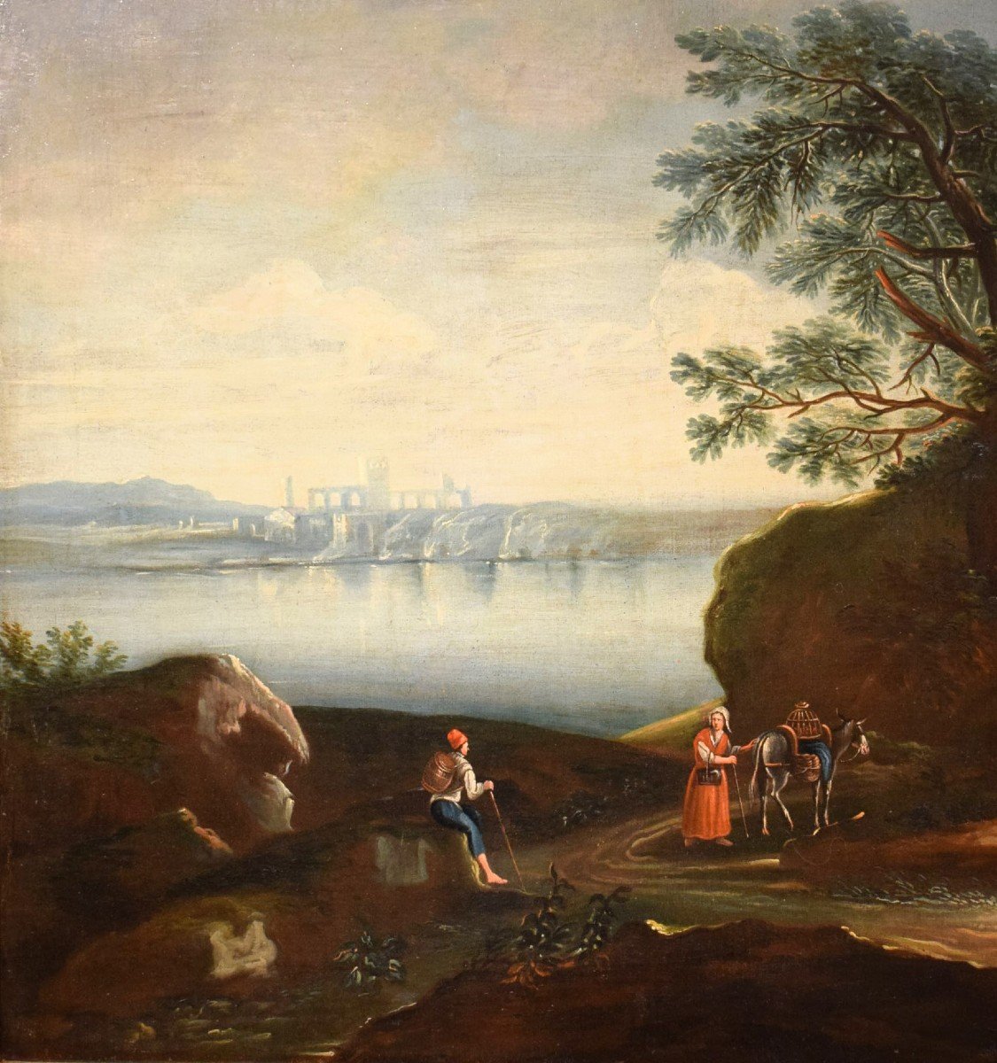 Antonio Diziani (Venise 1737-1797) atelier -  Paysage lacustre avec forêt et personnages.-photo-2