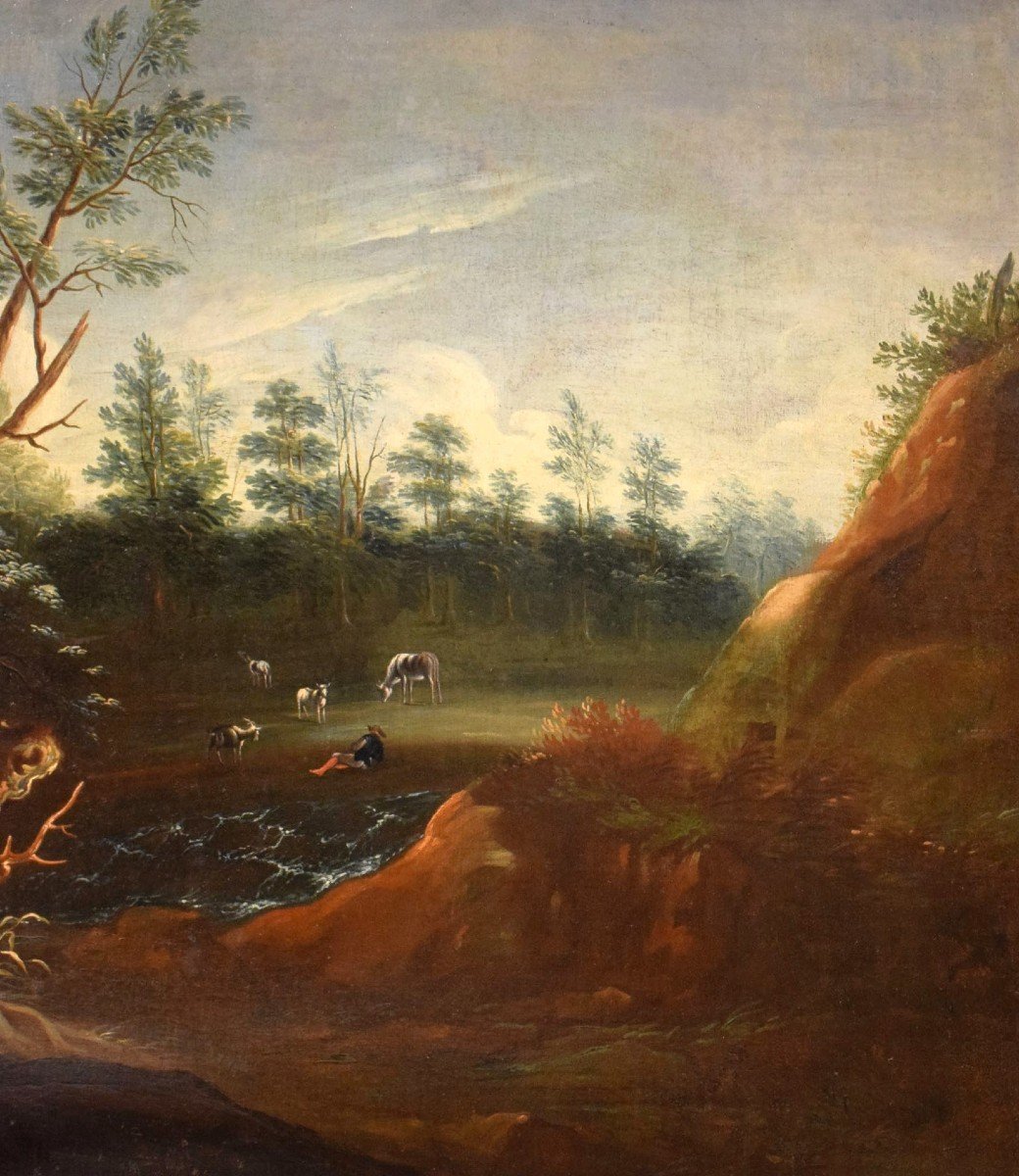 Antonio Diziani (Venise 1737-1797) atelier -  Paysage lacustre avec forêt et personnages.-photo-1