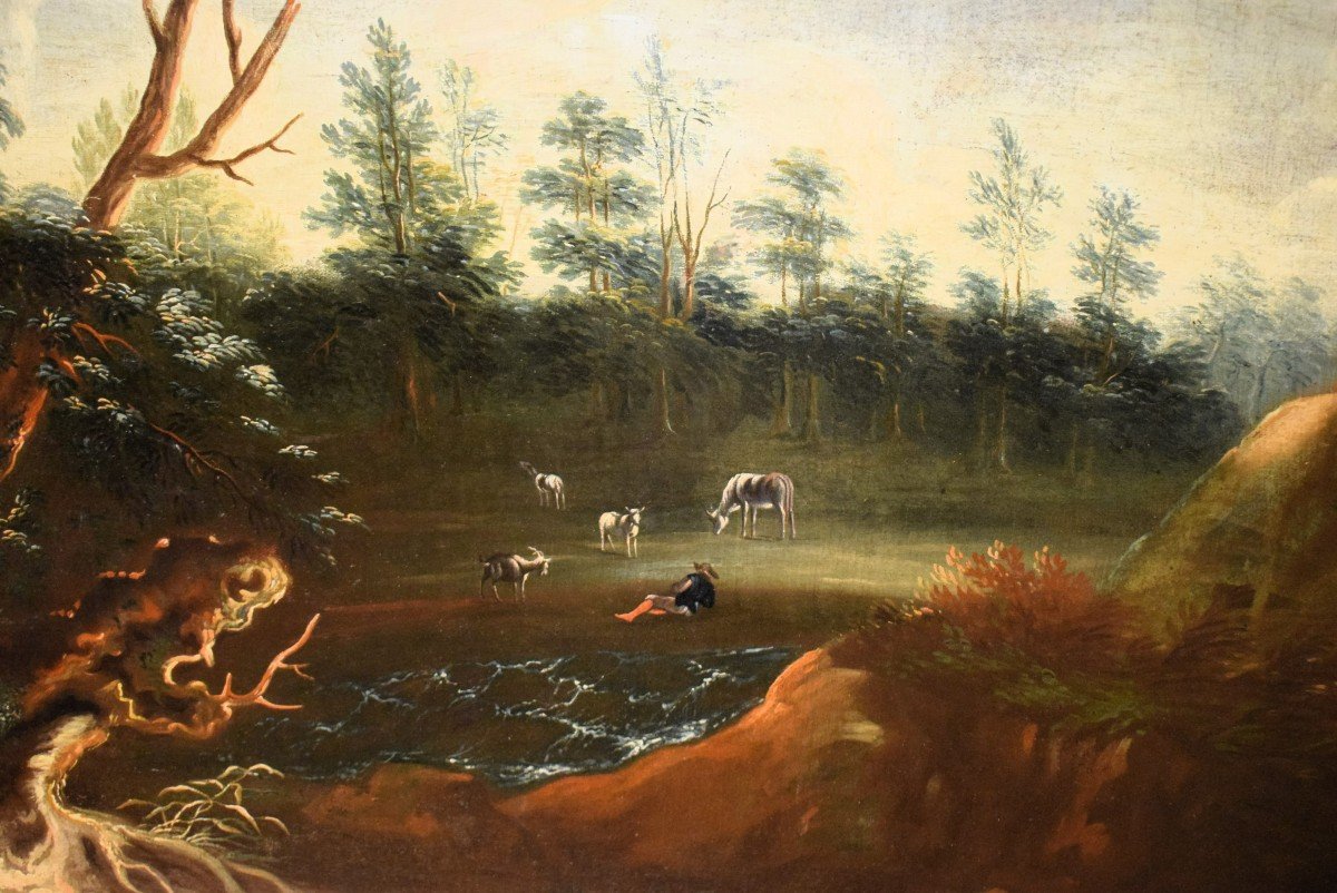 Antonio Diziani (Venise 1737-1797) atelier -  Paysage lacustre avec forêt et personnages.-photo-5