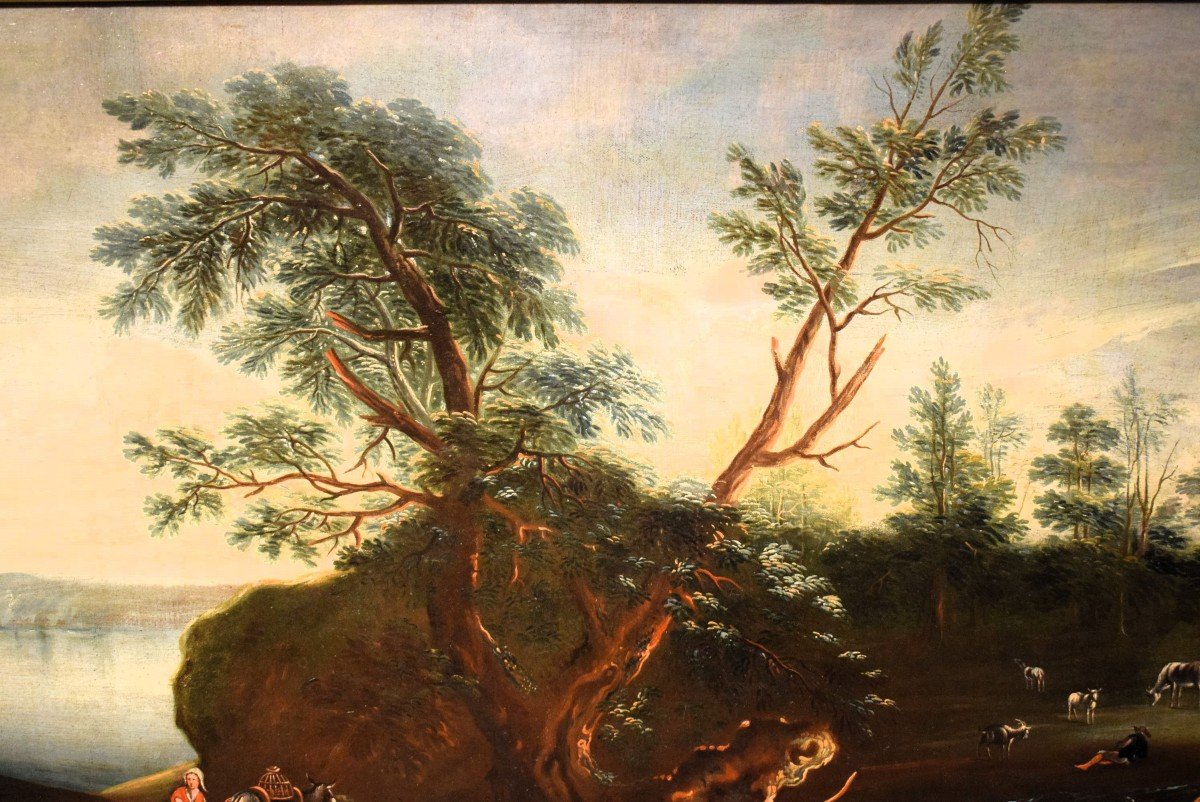 Antonio Diziani (Venise 1737-1797) atelier -  Paysage lacustre avec forêt et personnages.-photo-3