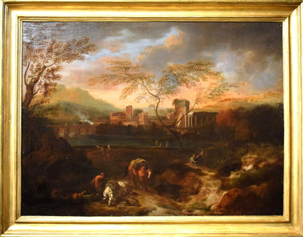 Paysage idyllique  au coucher du soleil - Johann Heinrich Roos (1631 – 1685) atelier