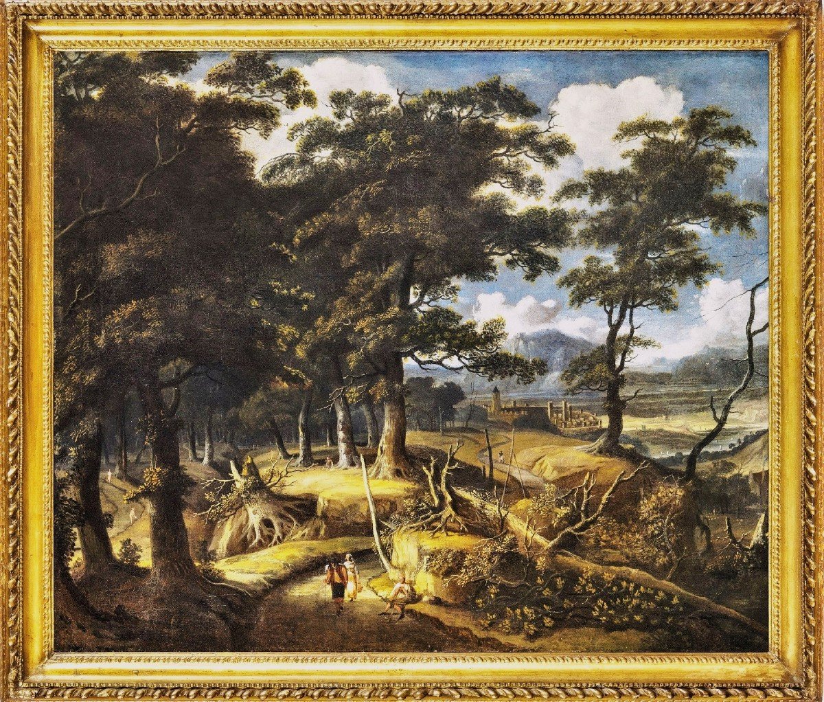  Paysage boisé  avec voyageurs et village - Jan Looten (Amsterdam, 1618 -1681)  