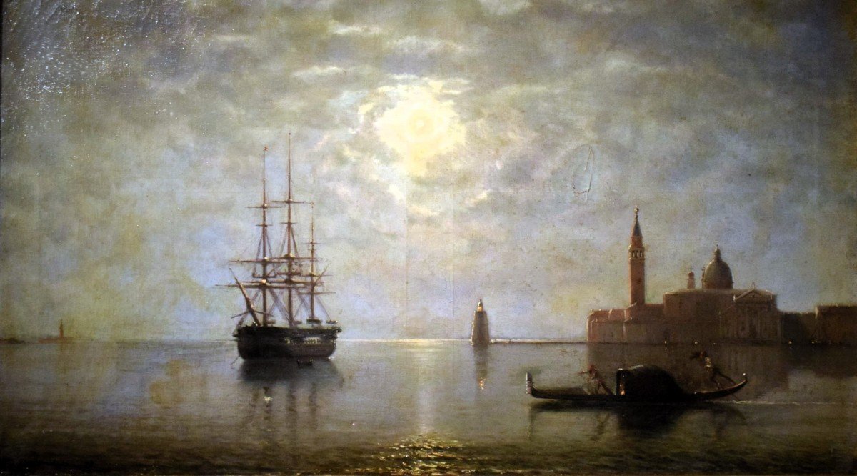 Venise, San Giorgio Maggiore au clair de lune - Firmé et daté 1877-photo-2