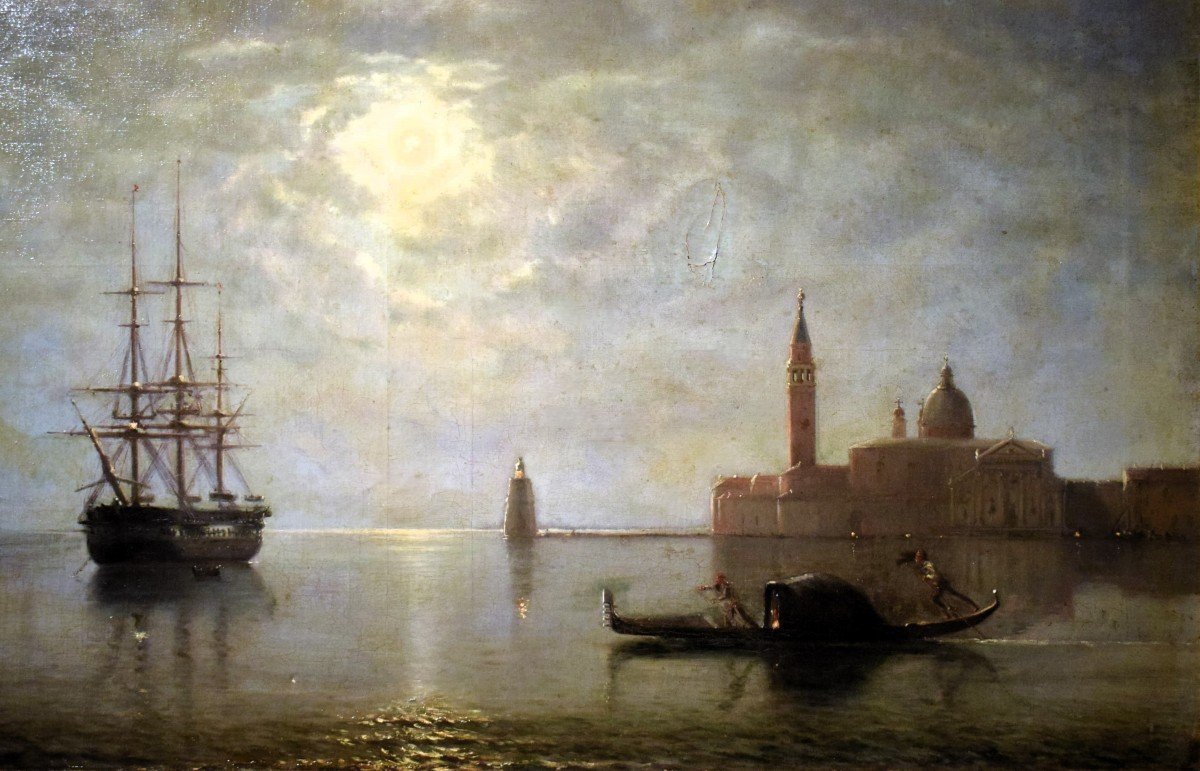 Venise, San Giorgio Maggiore au clair de lune - Firmé et daté 1877-photo-1