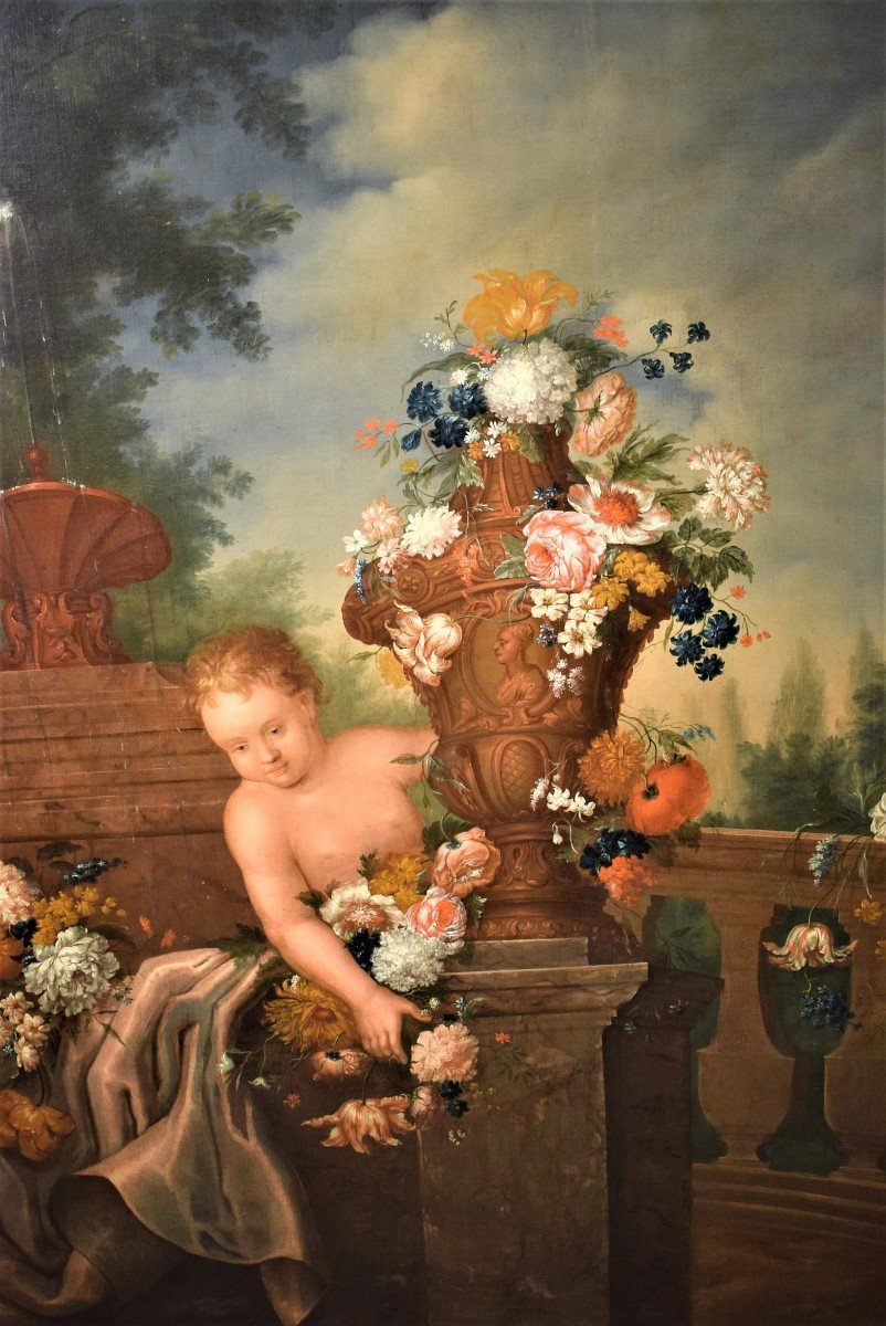 Still Life Of Flowers With Putto And Fontain - Michele Antonio Rapous (torino 1733-1819) -photo-2