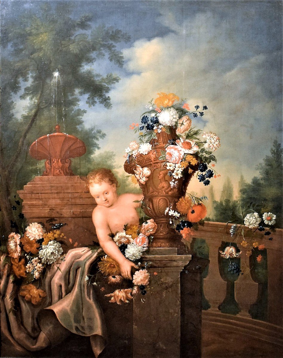 Still Life Of Flowers With Putto And Fontain - Michele Antonio Rapous (torino 1733-1819) 