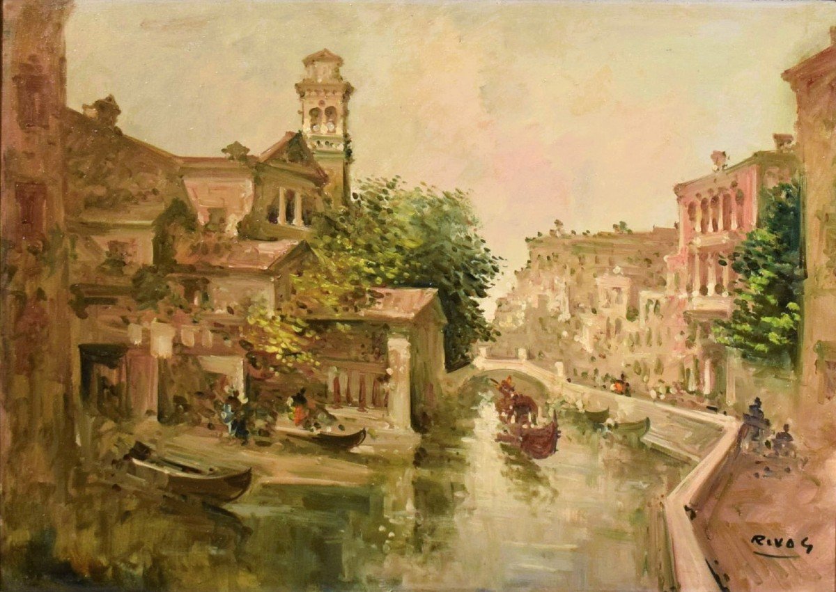 Venice, The Rio Di San Trovaso - Giuseppe Riva (ivrea 1834 -1916)-photo-4