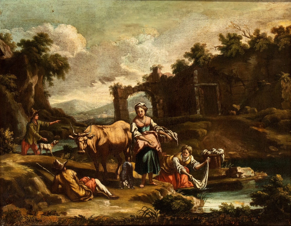 Bergers et lavandières au bord de la rivière - Italie, XVIIIe siècle-photo-4