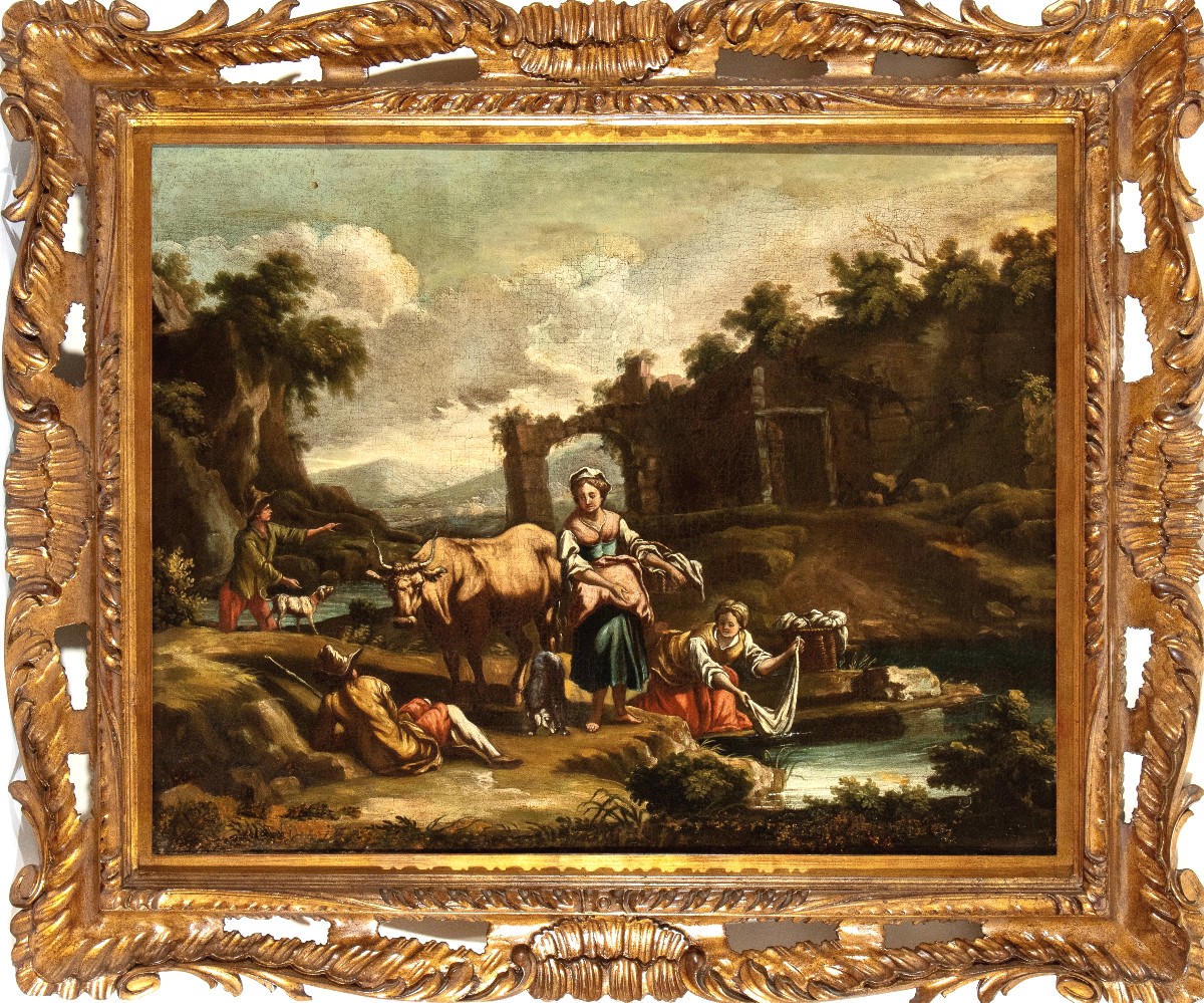 Shepherds And Washerwomen At The River - Domenico Brandi (naples, 1684 –1736)  Workshop