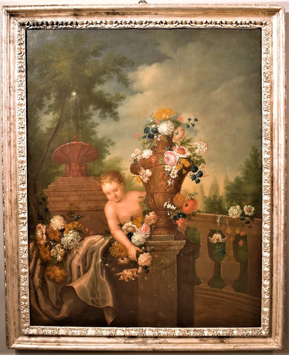 Still Life Of Flowers With Putto And Fountain In The Garden