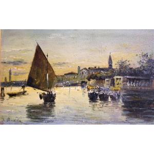 Venise, lever de soleil doré sur la lagune - Francisco Pradilla Ortiz  (1848-1921)