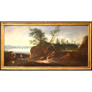 Antonio Diziani (Venise 1737-1797) atelier -  Paysage de lac avec Bois et des Personnages