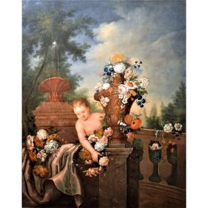 Still Life Of Flowers With Putto And Fontain - Michele Antonio Rapous (torino 1733-1819) 