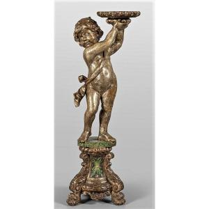 Lacquered And Silvered Wooden Sculpture Of Putto - Venice Louis 16 