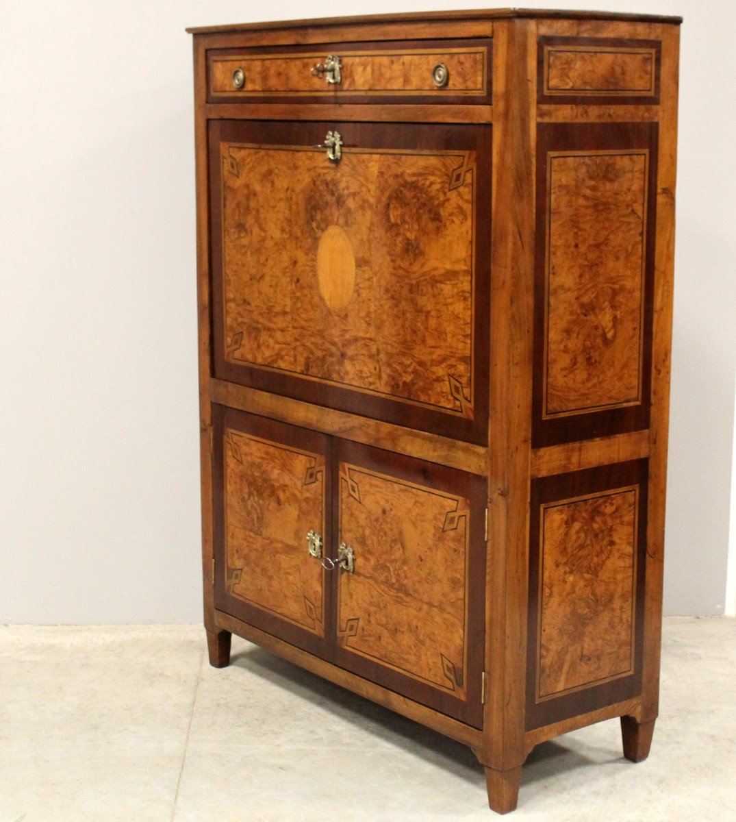 Antique Louis XVI Secretaire In Walnut Inlaid - 18th-photo-3