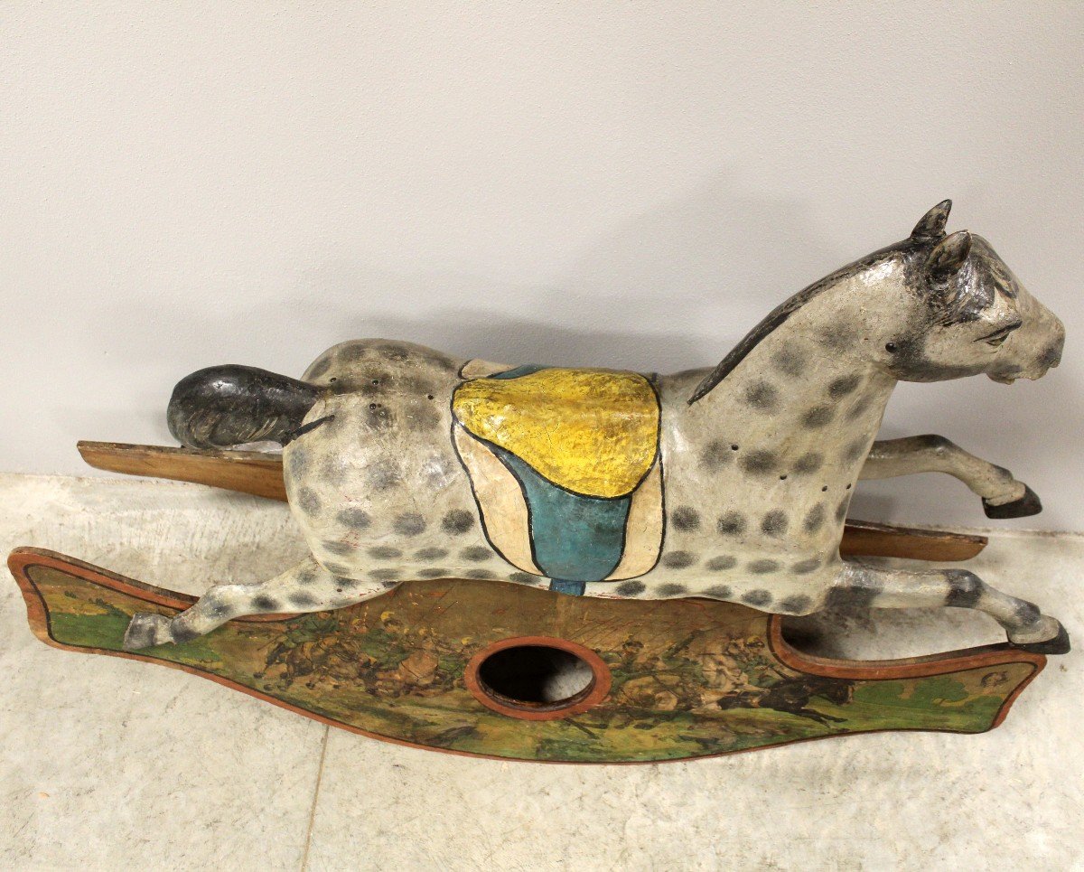 Antique Rocking Horse In Polychrome Papier-mâché And Wood - Early 20th Italy-photo-3