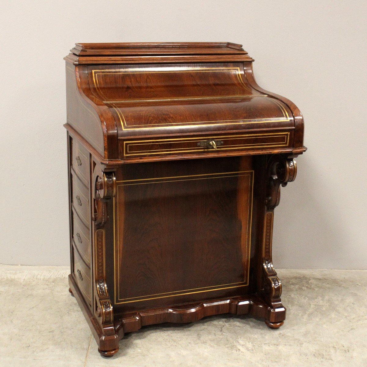 Antique Davenport Writing Desk In Rosewood And Marquetry In Brass - England 19th-photo-2