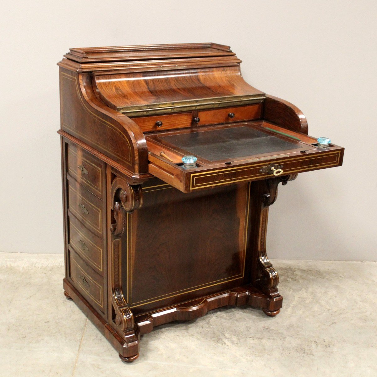 Antique Davenport Writing Desk In Rosewood And Marquetry In Brass - England 19th-photo-3