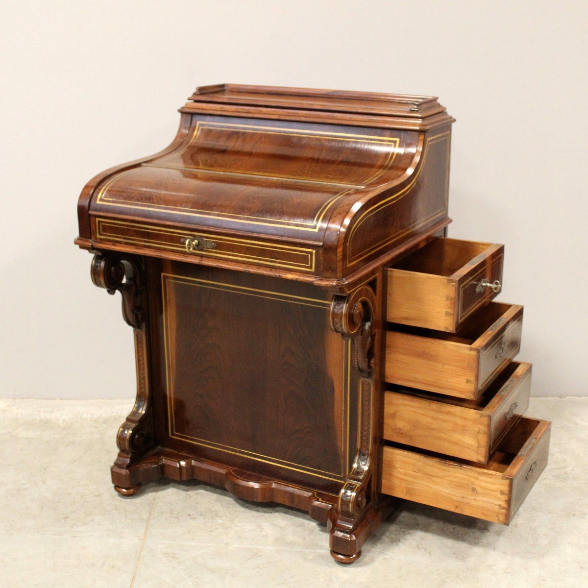 Antique Davenport Writing Desk In Rosewood And Marquetry In Brass - England 19th-photo-4